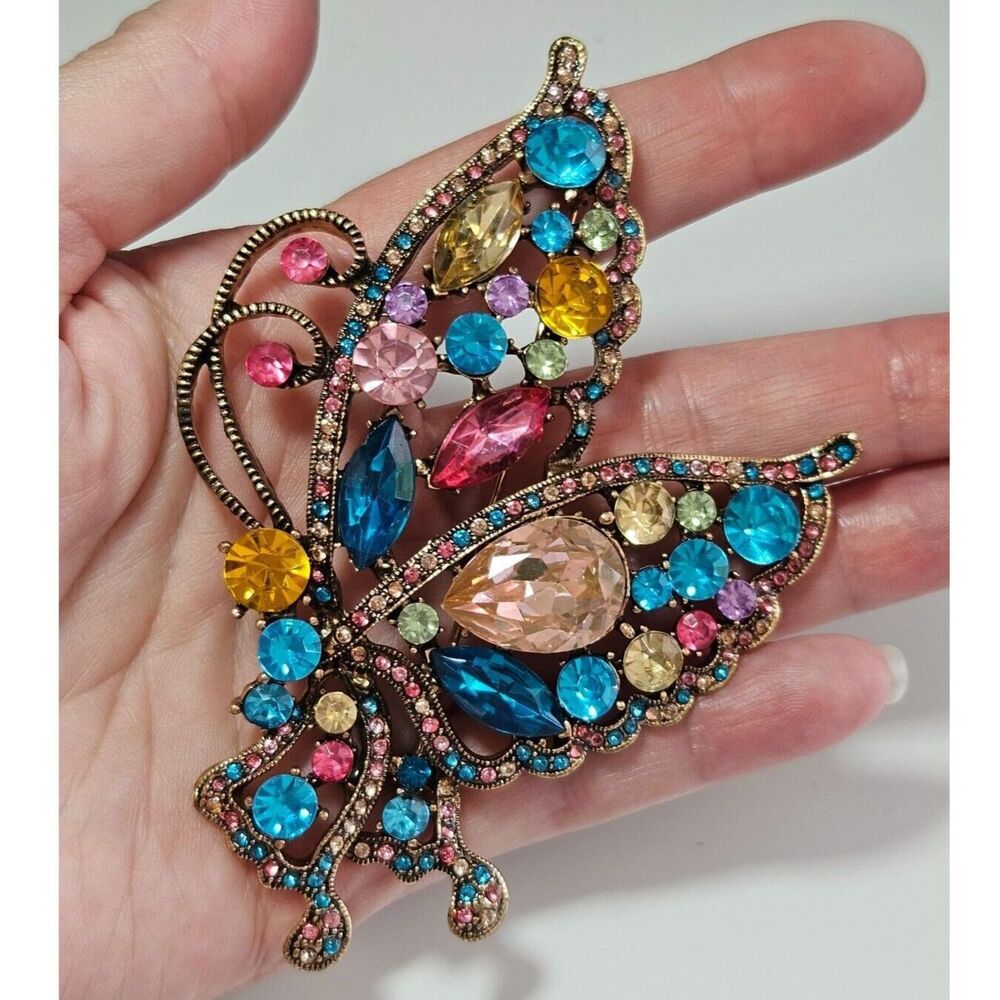 Rose gold tone colorful rhinestone butterfly brooch